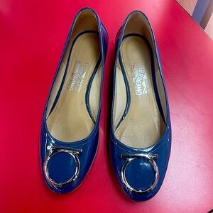 Salvatore Ferragamo Blue Patent Leather Flats Size 8.5